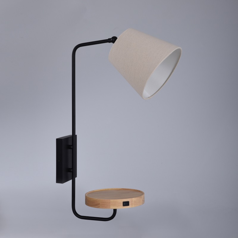 Wood and Metal Wall Sconce with USB Port and Shelf